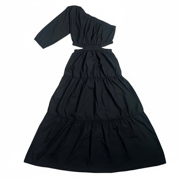 The Drop Dress with Pockets Womens XS Black Cotton One Shoulder Tiered Cut Out - Picture 3 of 7